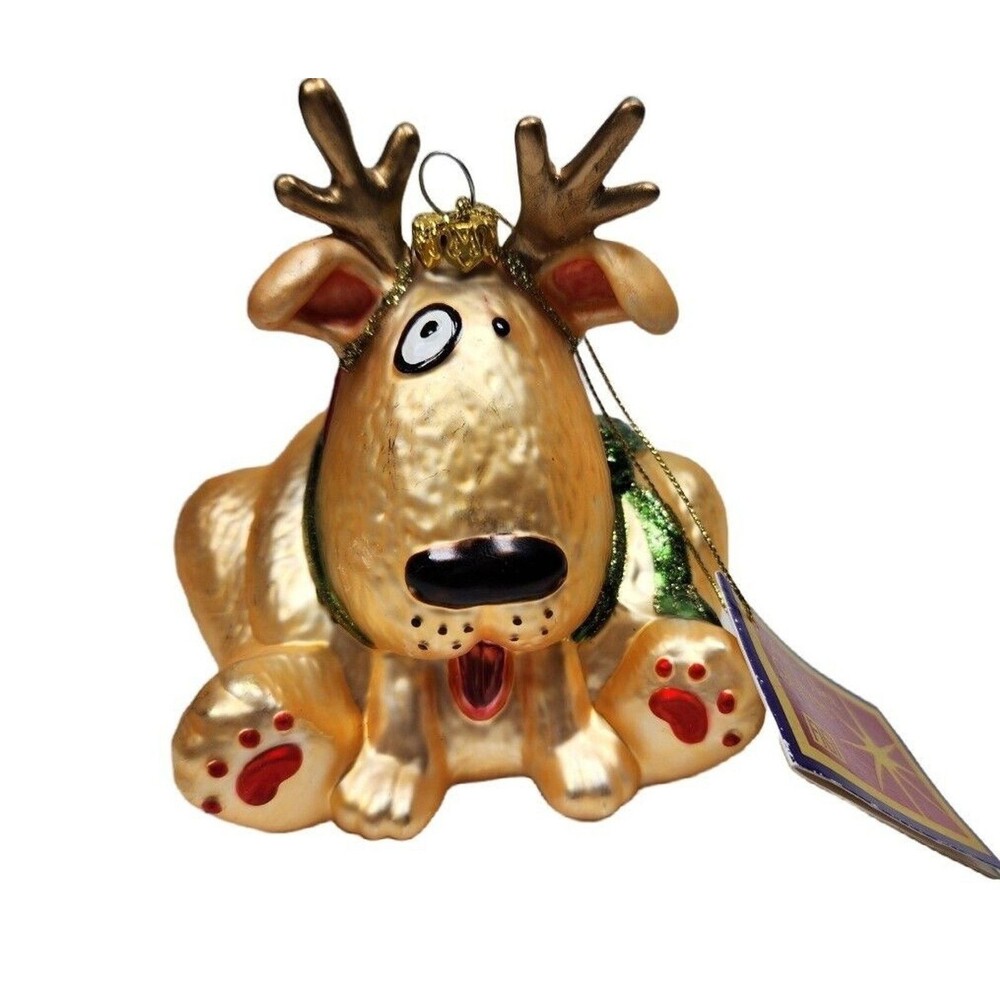 Vintage Figi Dog Reindeer Ornament Blown Glass Hanging Golden Pup 4 inch